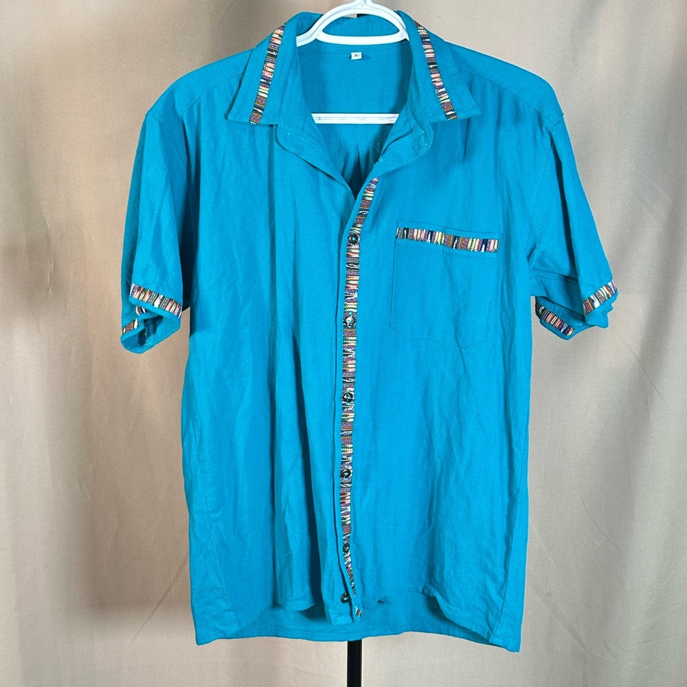Teal Green and Blue Casual Button Down Shirt Lightweight Fabric